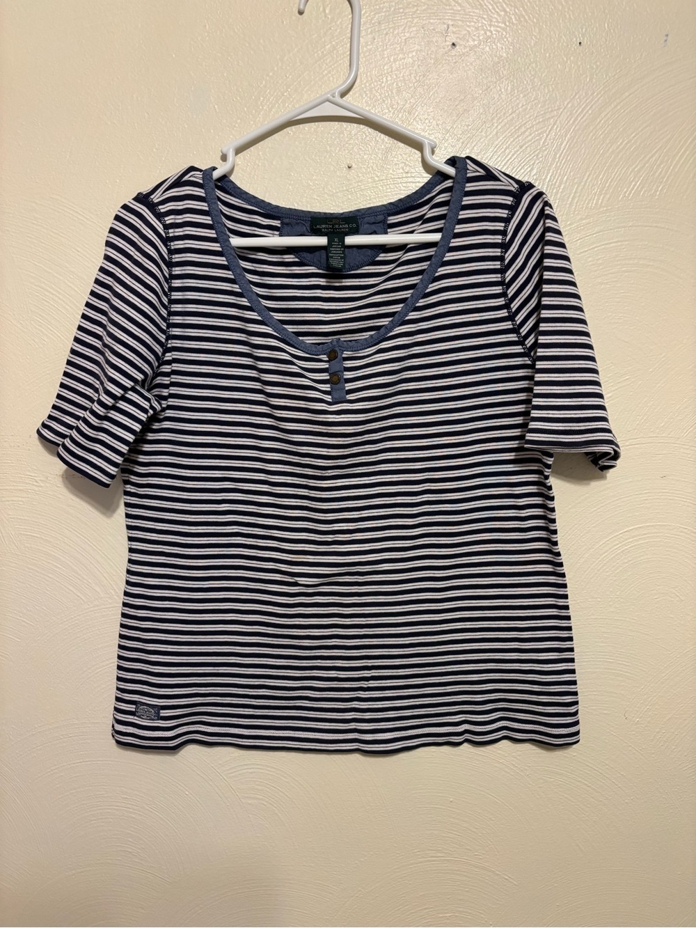 Lauren Jeans Co Ralph Lauren Striped Henley Tee Women’s XL Navy White Nautical